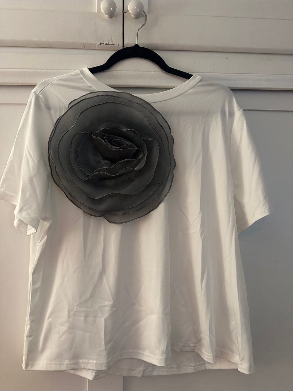 Women’s White Short Sleeve Tee with Gray Floral Applique